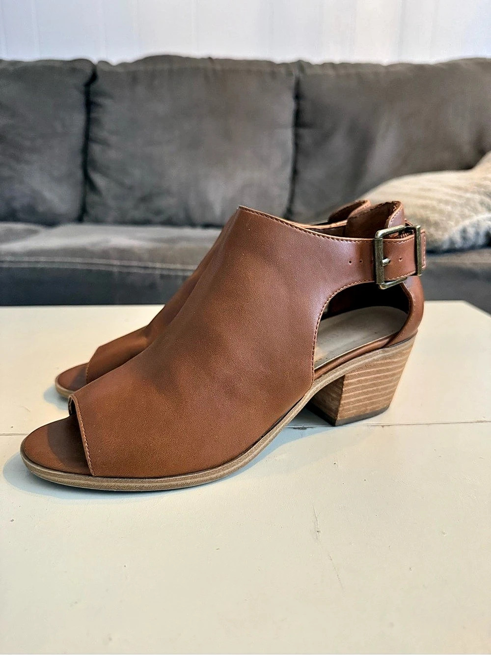 Denver Hayes Cognac Tan Leather Peep-Toe Cutout Block Heel Booties Boho Chic 7
